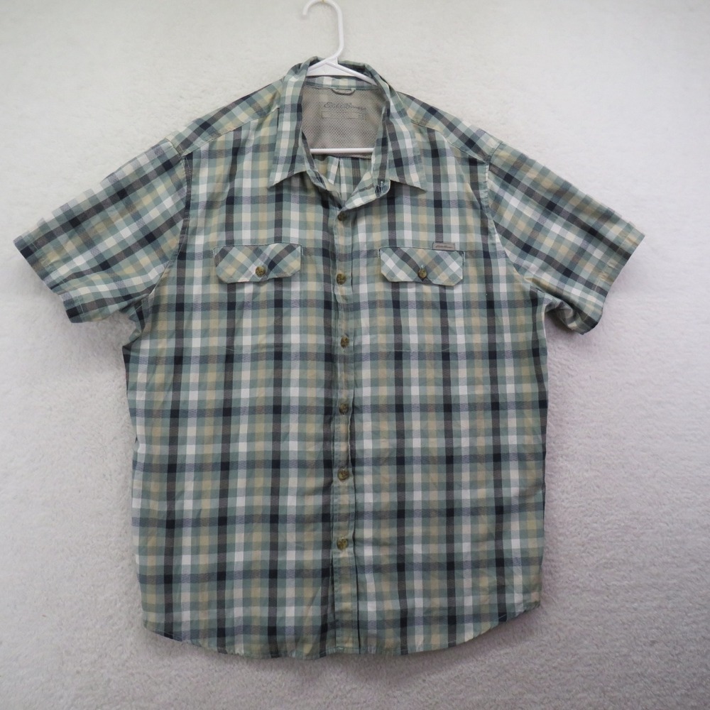 Eddie Bauer Mens XL Green Plaid‎ Short Sleeve Button Down Outdoor Shirt